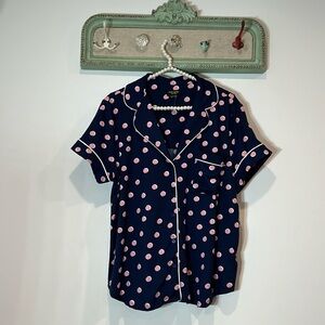 New Kate Spade, navy pink polkadot short sleeve, button-down shirt large